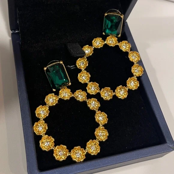 Oscar de La Renta Earrings emerald gold flowers floral Dangle drop hoops signed - Picture 11 of 14